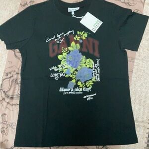 Ganni Black Blue Floral Graphic T-shirt | NWT Romantic casual street wear size S